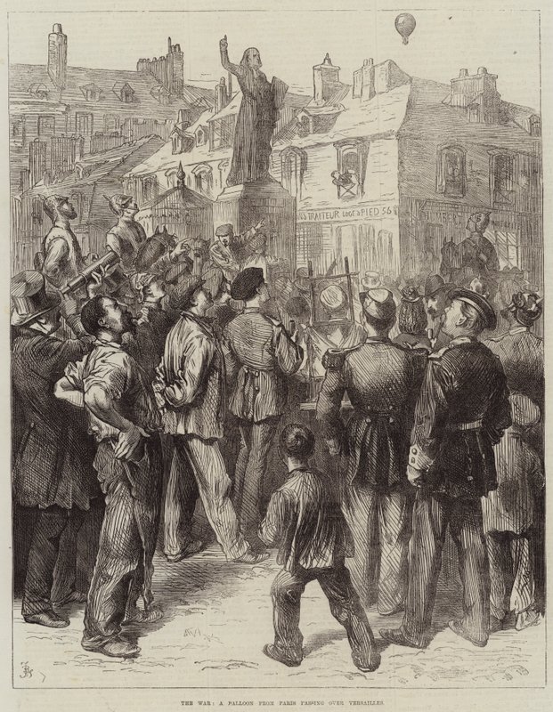 A guerra, um balão de Paris passando por Versalhes de Frederick Barnard