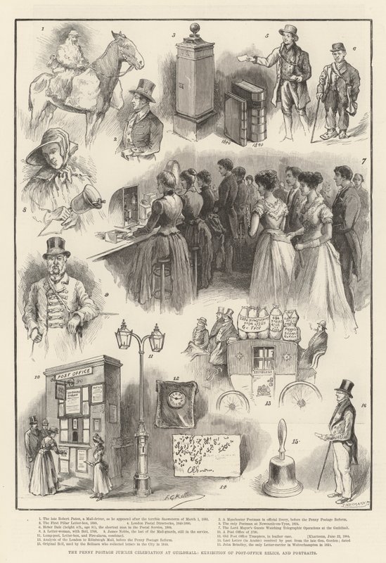 Celebração do Jubileu de Porte-Alvo Penny no Guildhall, Exposição de Relíquias de Correios e Retratos de Frederick George Kitton