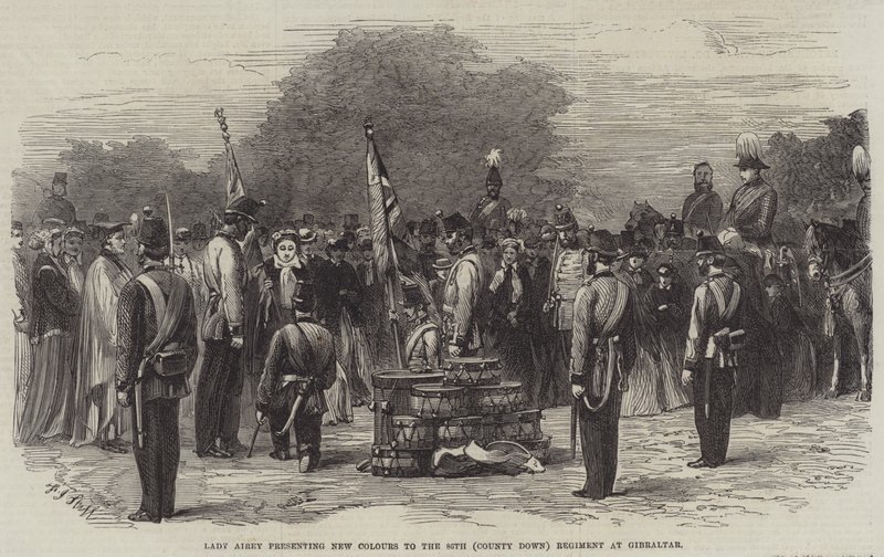 Lady Airey apresentando New Colors para o 86º (County Down) Regiment em Gibraltar de Frederick John Skill
