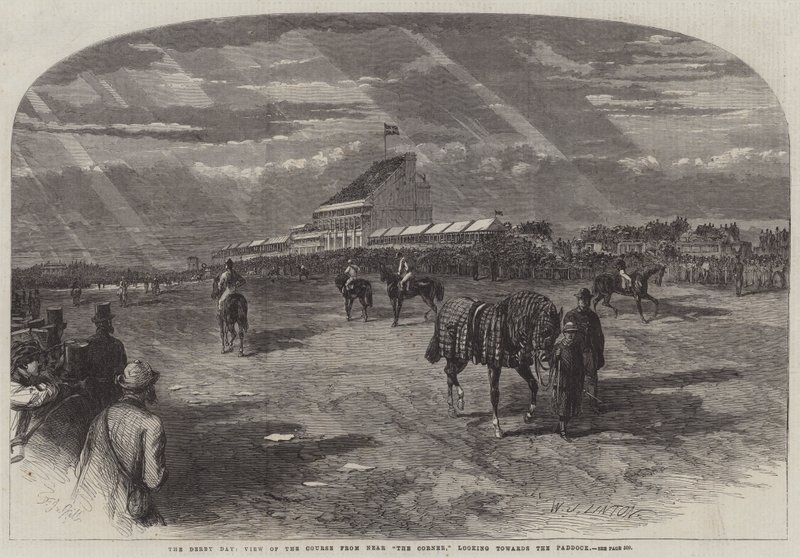 O dia de Derby, vista do curso de perto do canto, olhando para o Paddock de Frederick John Skill