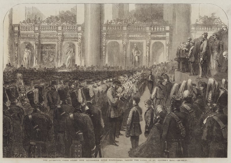 A Guarda de Imprensa de Liverpool (80º Voluntários do Rifle de Lancashire) fazendo os Juramentos no St George&39;s Hall de Frederick John Skill