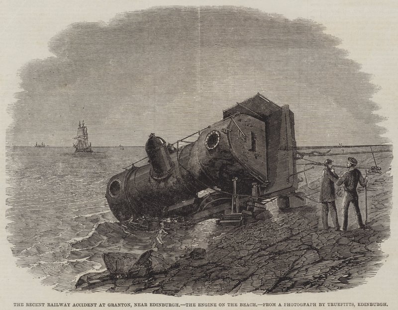 O recente acidente ferroviário em Granton, perto de Edimburgo, o motor na praia de Frederick Morgan