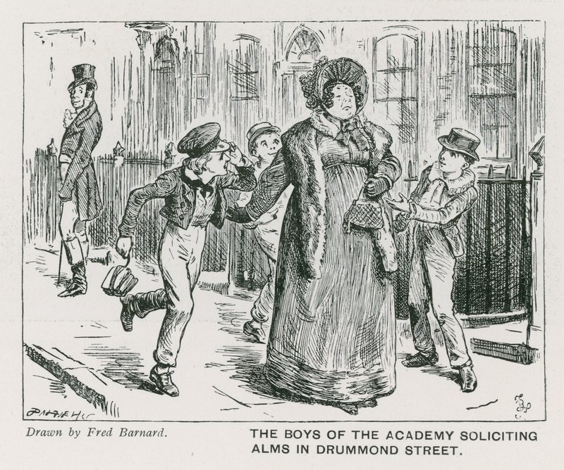 Os rapazes da Wellington House Academy a pedir esmolas na Drummond Street (gravura) de Frederick (after) Barnard