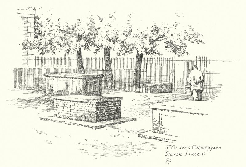 Cemitério da Igreja de St Olave, Silver Street (litografia) de Frederick Adcock