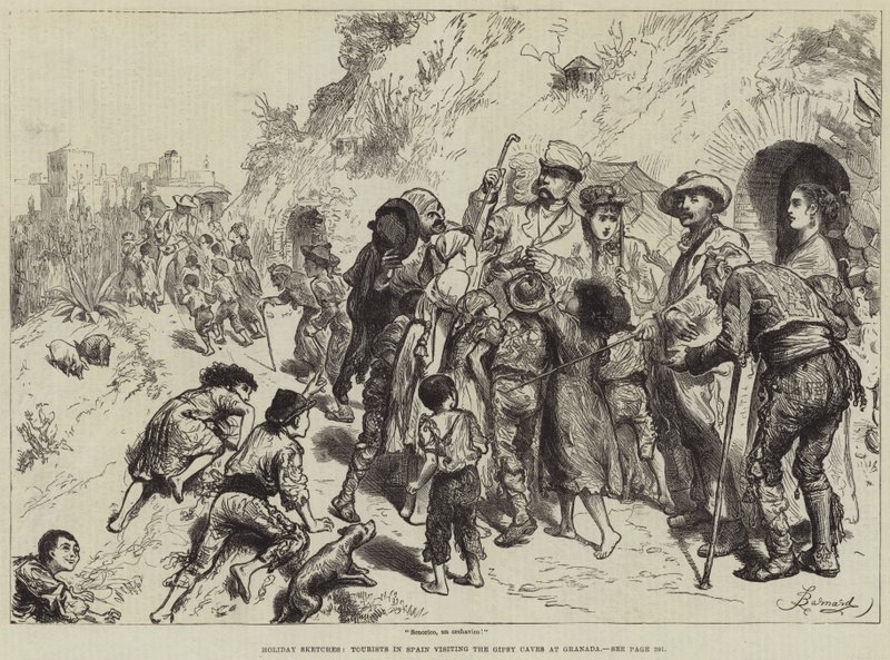 Esboços de férias, turistas em Espanha, visitando as cavernas de Gipsy em Granada de Frederick Barnard