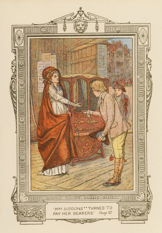 "Mrs. Siddons virou-se para pagar aos seus portadores" (litografia a cores) de Frederick Colin Tilney