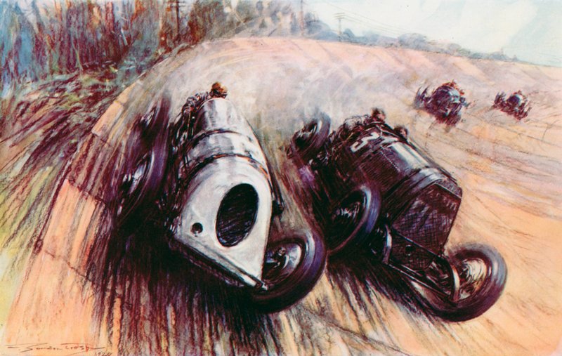 Uma batalha de gigantes em Brooklands, o Leyland branco de Parry Thomas lutando contra o grande Fiat de Eldridge na margem (lito colorido) de Frederick Gordon (after) Crosby