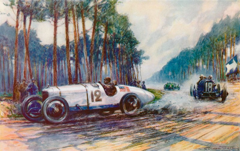 O primeiro sucesso da América em um Grande Prêmio ocorreu quando o Duesenberg de Jimmy Murphy foi bem sucedido em Le Mans em 1921 (lito colorido) de Frederick Gordon (after) Crosby
