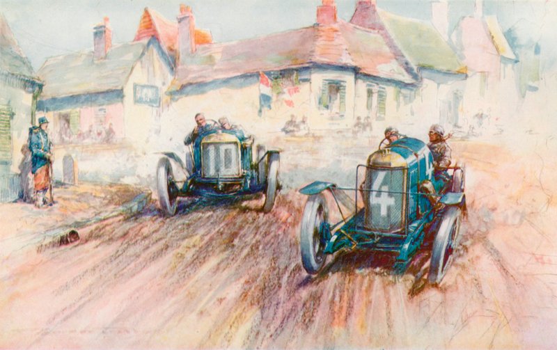 Bablot conduzindo o Delage No 10 de 3 litros perseguindo o Peugeot de Boillot na corrida Voiturette de 1911 em Boulogne (cor litho) de Frederick Gordon (after) Crosby