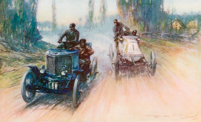 Na corrida Paris-Amsterdam de 1898, o Panhard branco de Charron foi equipado com volante em vez de leme pela primeira vez na história das corridas (lito colorido) de Frederick Gordon (after) Crosby