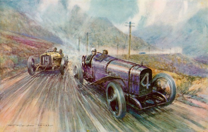 K Lee Guinness com o Raio de Sol na corrida de dois dias do Troféu Turístico de 600 milhas na Ilha de Man, que ganhou a 56,44 mph (cor litho) de Frederick Gordon (after) Crosby