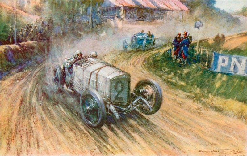 Lautenschlager com a Mercedes alemã e Boillot com a Peugeot francesa em sua grande luta durante o Grande Prêmio de 1914 (lito a cores) de Frederick Gordon (after) Crosby