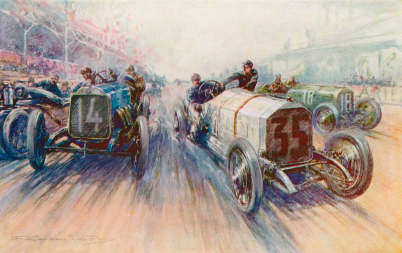 Lautenschlager Mercedes branca no Grande Prêmio de 1908, uma corrida em que os pneus foram gastos em grandes quantidades (lito colorido) de Frederick Gordon (after) Crosby