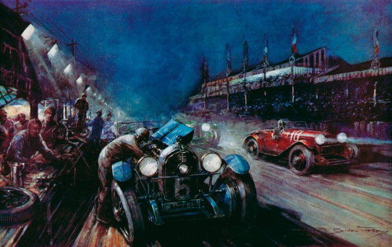 Um dos carros de sucesso Lorraine-Dietrich reabastecendo no pit durante a corrida noturna nas 24 horas de Le Mans (lito a cores) de Frederick Gordon (after) Crosby