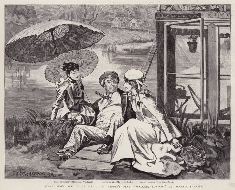 Os atores ingleses Irene Vanbrugh, John Lawrence Toole e Mary Ansell numa produção da peça de J M Barrie Walker, Londres, no Toole