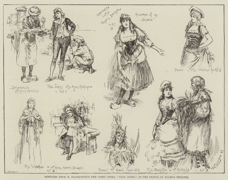 Esboços da nova ópera cômica de M Planquette, Paul Jones, no Teatro do Príncipe de Gales de Frederick Henry Townsend