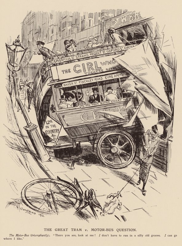 A grande questão do elétrico contra o autocarro a motor (litografia) de Frederick Henry Townsend