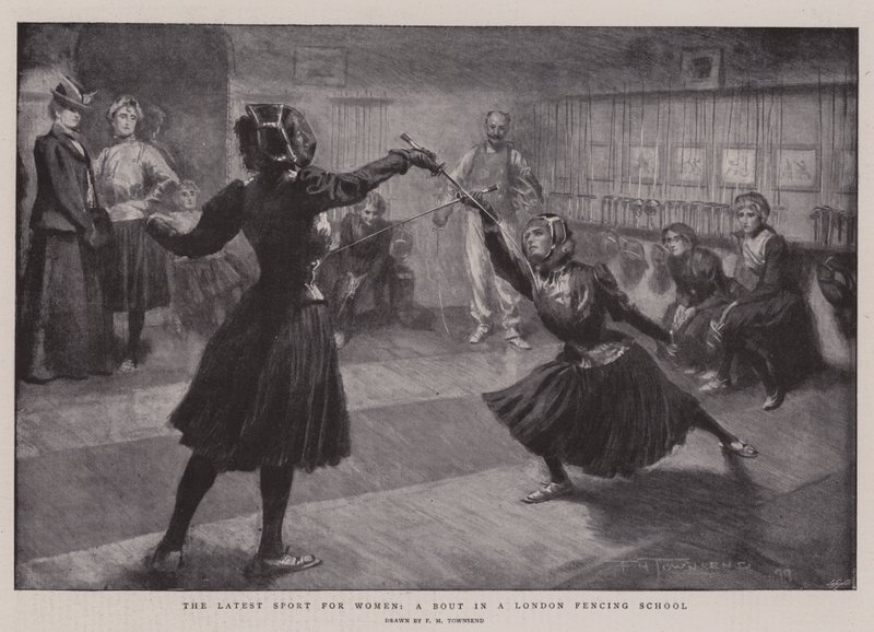 O esporte mais recente para as mulheres, uma luta em uma escola de esgrima em Londres de Frederick Henry Townsend