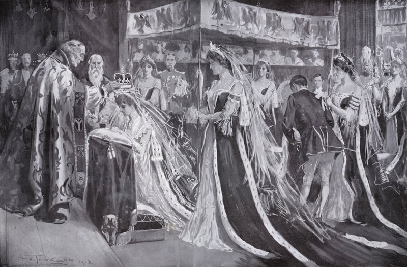 A coroação da Rainha Alexandra, Consorte do Rei Eduardo VII, pelo Arcebispo de York, Abadia de Westminster, Londres de Frederick Henry Townsend