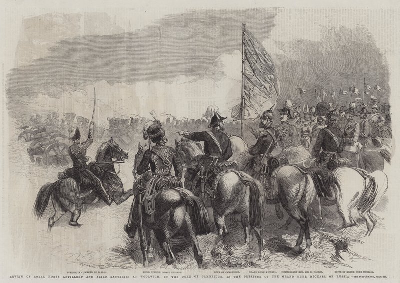 Revisão da Artilharia Real de Cavalos e Baterias de Campo em Woolwich, pelo Duque de Cambridge, na Presença do Grão-Duque Miguel da Rússia de Frederick John Skill