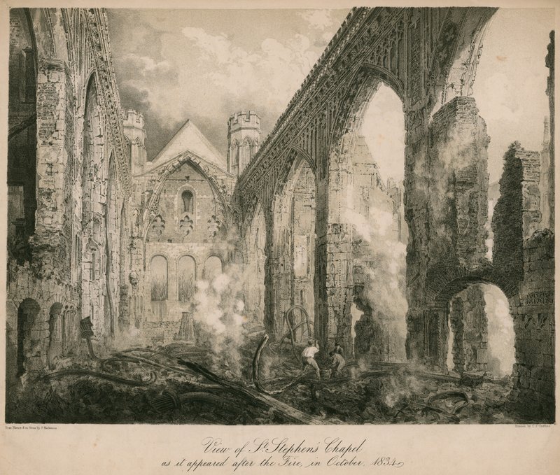 Vista da Capela de Santo Estêvão como apareceu após o incêndio em outubro de 1834 de Frederick Mackenzie