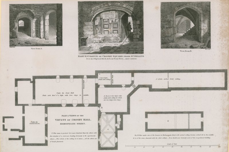 Plano de chão e vistas de abóbadas de Crosby Hall, Bishopsgate Street de Frederick Nash