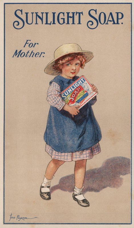 Menina carregando uma caixa de sabão para sua mãe: anúncio para sabão Sunlight de Frederick Pegram