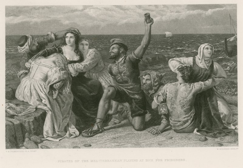 Piratas do Mediterrâneo jogando aos dados para prisioneiros (gravura) de Frederick Richard Pickersgill