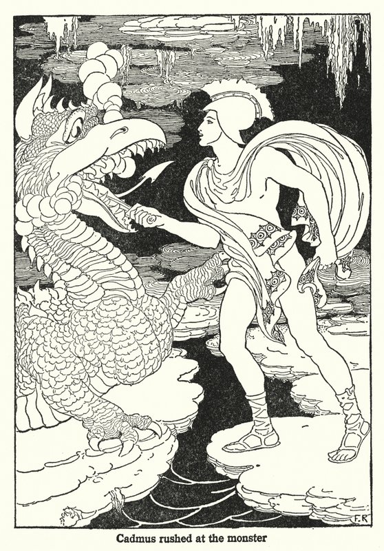 Cadmus correu para o monstro (litografia) de Frederick Richardson