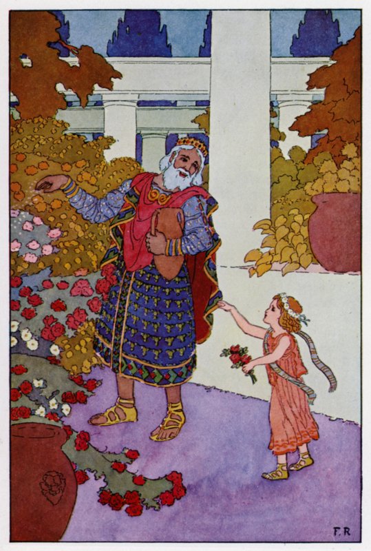 O Rei Midas aspergiu toda a água restante sobre as roseiras (cor litho) de Frederick Richardson