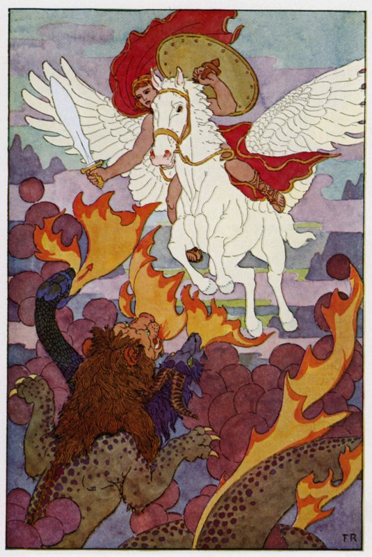 Pegasus começou em direcção à cabeça tripla da Quimera (cor litho) de Frederick Richardson