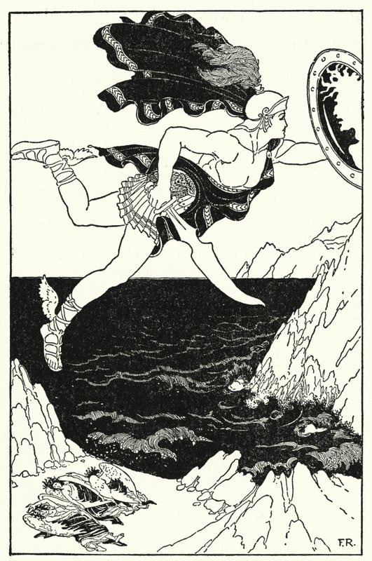Perseu voou cautelosamente para baixo, ainda mantendo os olhos no rosto da Medusa, como reflectido no seu escudo (litho) de Frederick Richardson