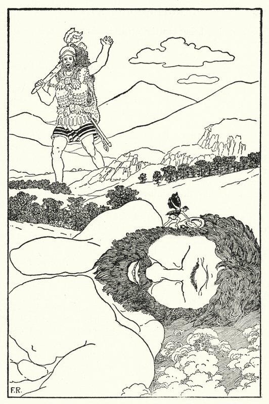 O pigmeu gritou na orelha de Antaeus que outro gigante estava vindo (litho) de Frederick Richardson