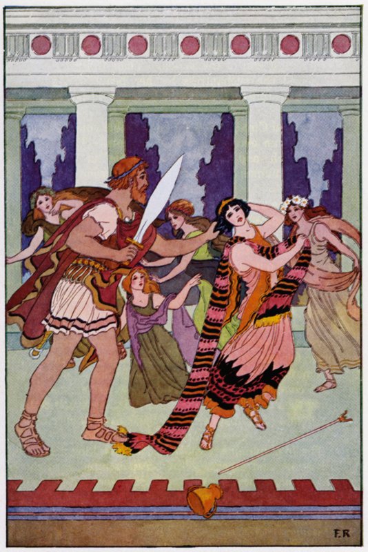 Ulisses agarrou a feiticeira pelos seus lindos argolas (cor litho) de Frederick Richardson