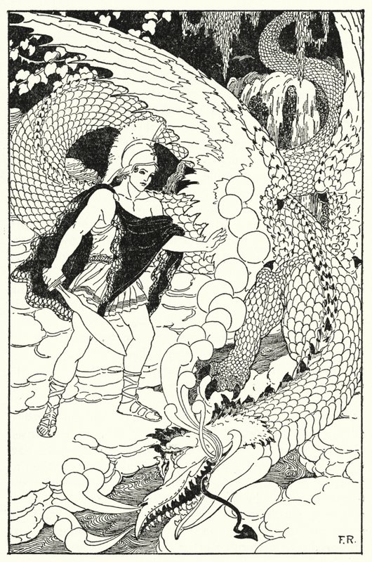 Quando o dragão avistou o Cadmus, ele armou outro abominável assobio (litho) de Frederick Richardson