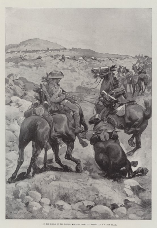 Nos saltos dos bôeres, infantaria montada atacando um comboio de vagões de Frederick William Burton