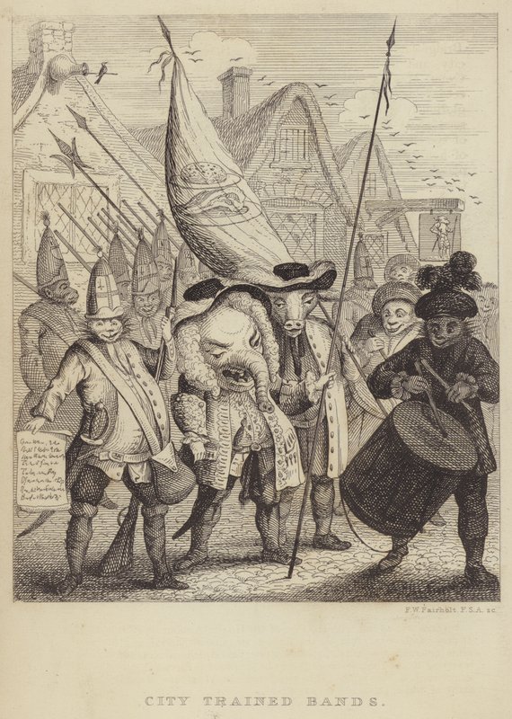 Bandas Treinadas da Cidade: sátira sobre as milícias associadas à Cidade de Londres e o pânico gerado pela Rebelião Jacobita de 1745 (gravura) de Frederick William Fairholt