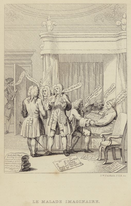 Le Malade Imaginaire: sátira retratando o autor e botânico John Hill na cama sendo consultado por uma série de médicos todos determinados a garantir seus honorários de Frederick William Fairholt