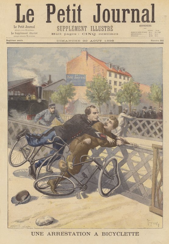 Um policial fazendo uma prisão de sua bicicleta de French School