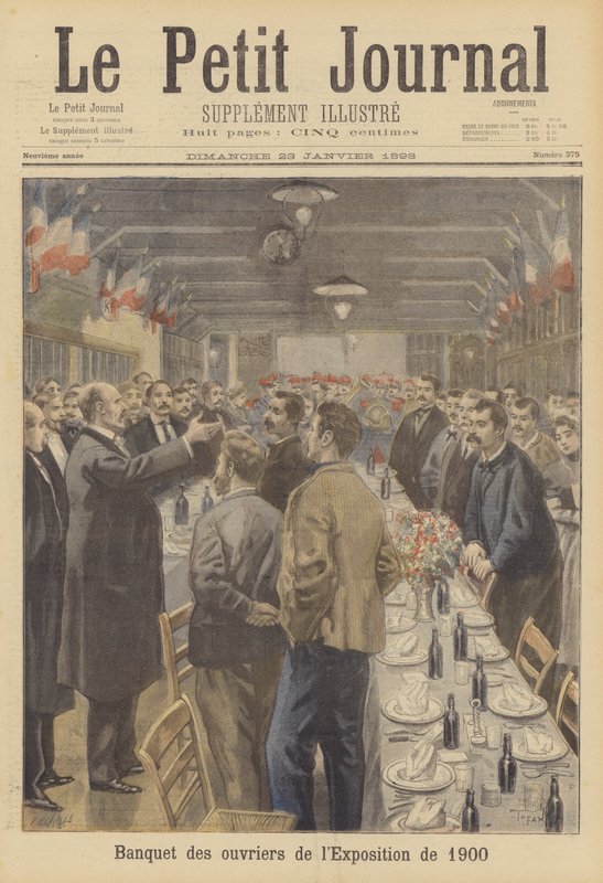 Banquete para os trabalhadores que preparam o local da Exposição Universal de 1900 em Paris de French School