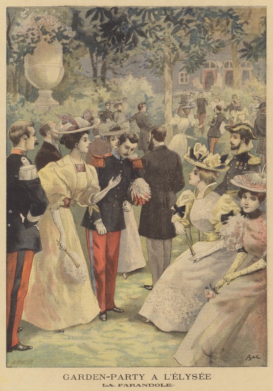 Dançando o farandole em uma festa de jardim no Palácio do Eliseu de French School