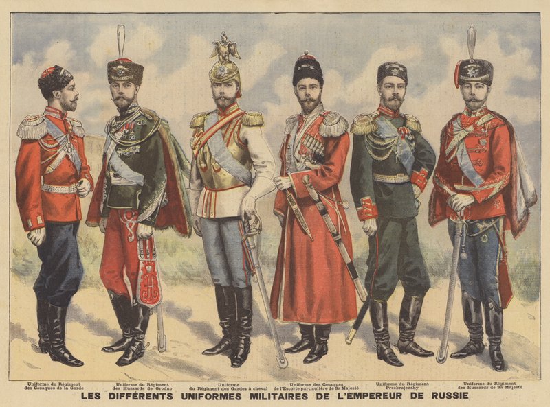 Uniformes militares diferentes usados pelo czar russo de French School