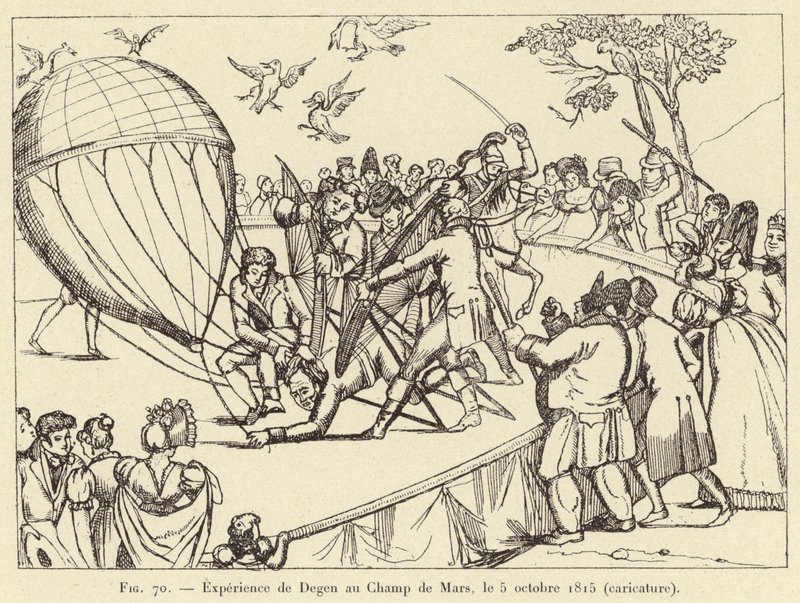 A experiência de Degen no Champ de Mars, 5 de outubro de 1815 (caricatura) de French School
