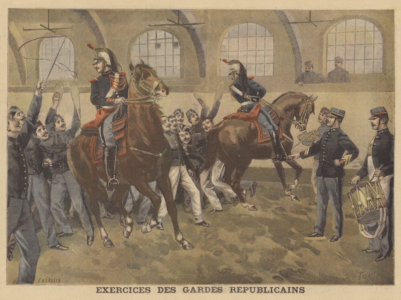 Guarda Republicana Francesa realizando exercícios de treinamento equestre de French School