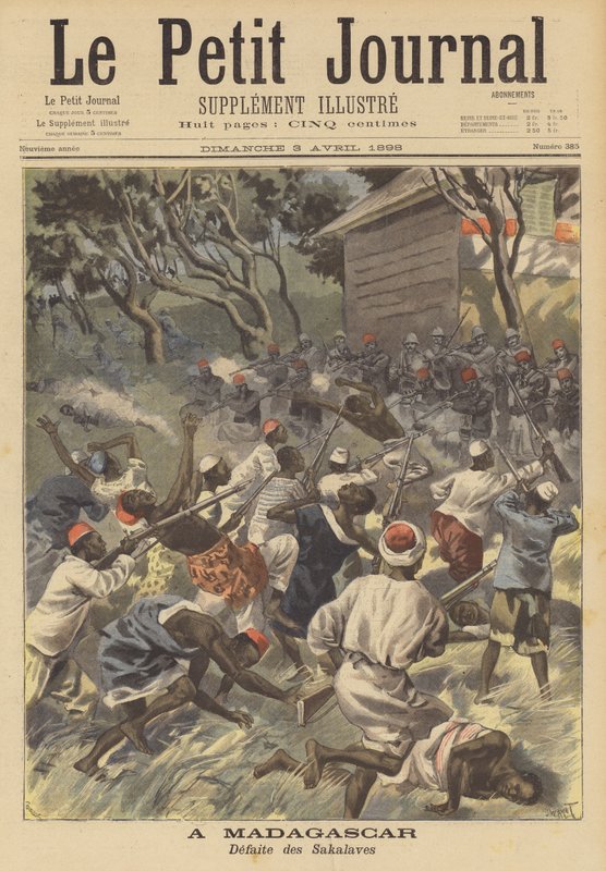Tropas francesas lutando contra um ataque de saqueadores Sakalava em Madagascar de French School