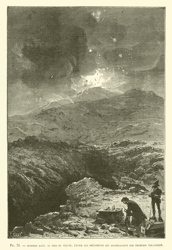 Humphry Davy, no sopé do Vesúvio, estuda os fenómenos que acompanham uma erupção vulcânica de French School