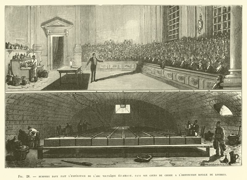Humphry Davy faz a experiência do iluminista Rrc em seu curso de química de French School