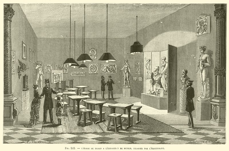 Escola de desenho na exposição de Munique, iluminada por eletricidade de French School