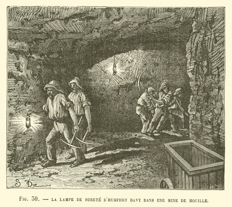 A lâmpada de segurança Davumphry Davy em uma mina de carvão de French School