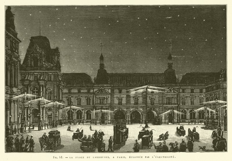 A Place Du Carrossel, em Paris, iluminada pela eletricidade de French School
